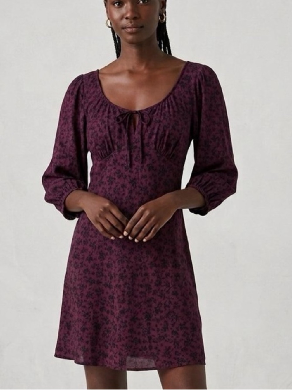 Levi's Wine Burgundy Floral Long-Sleeve Tie-Neck Mini Dress • Size Medium • NWT